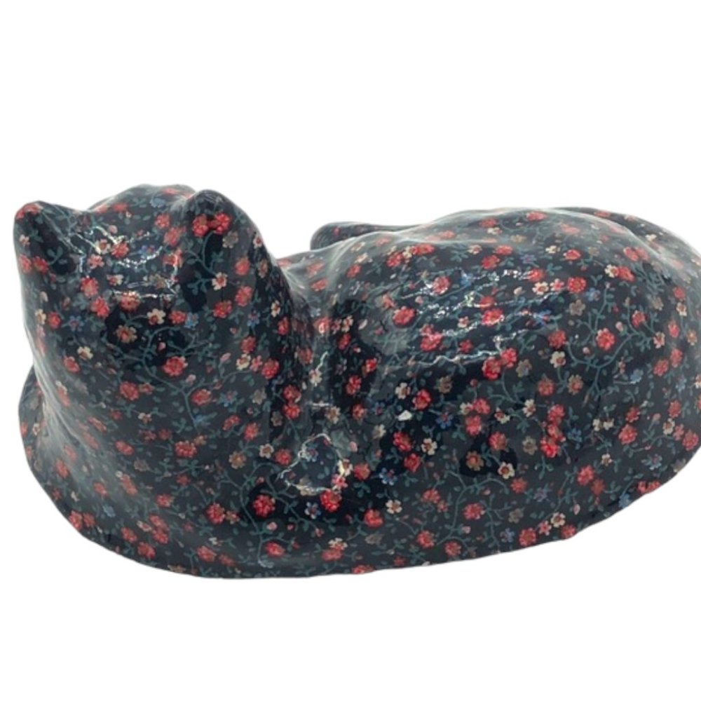 Vtg DECOUPAGE Ceramic Cat Kitten Kitty Floral Fabric Shelf Sitter Paperweight - Picture 5 of 8